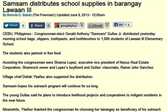 Cong. Samsam distributes school supplies in barangay Lawaan III